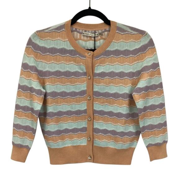 Alice + Olivia Wave Stripe Summer Knit Cardigan In Pastels Size Small - Picture 2 of 11